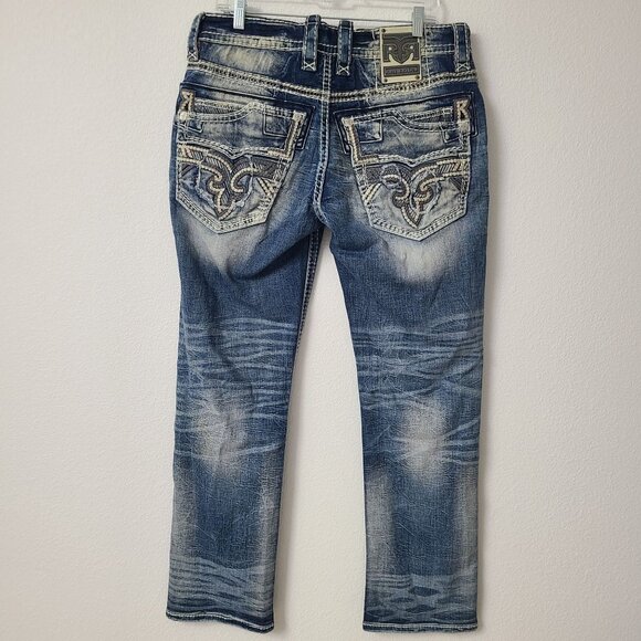 Rock Revival Kylo Straight Distressed Denim Jeans Size 34x32 Blue #1